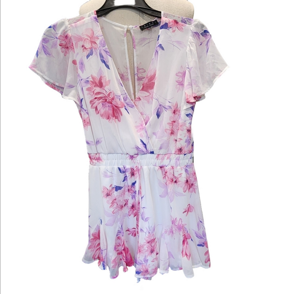 TRIXXI White with purple and Pink Floral Romper with Flutter Sleeves